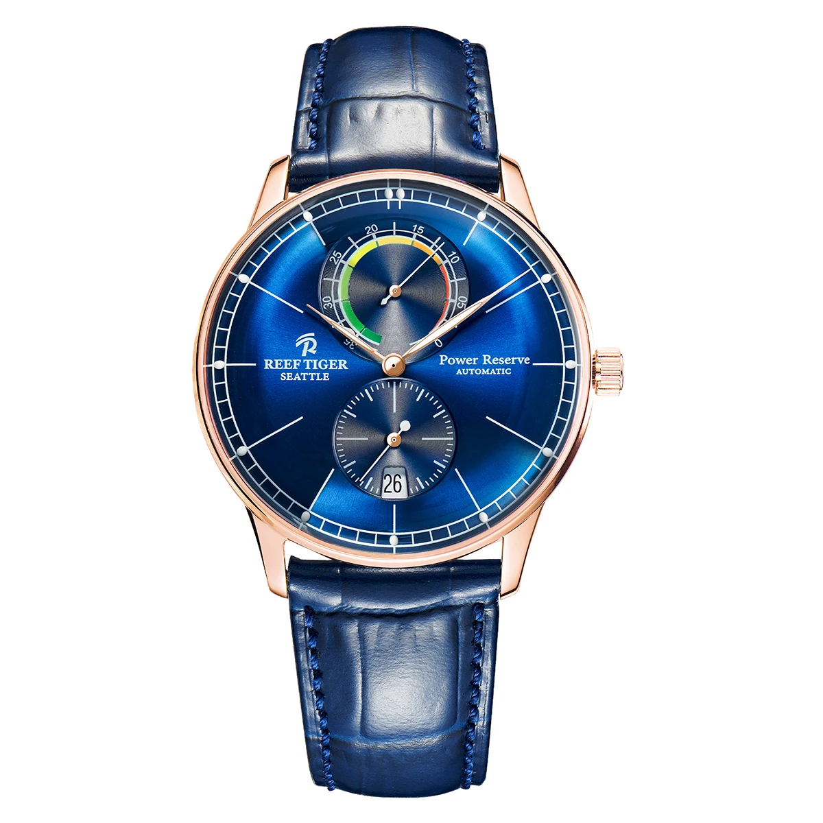 Reef Tiger Fashion Mens Blue Dial Automatic Mechanical Watch Genuine Leather Waterproof Luminous Watch Montres RGA82B0-3