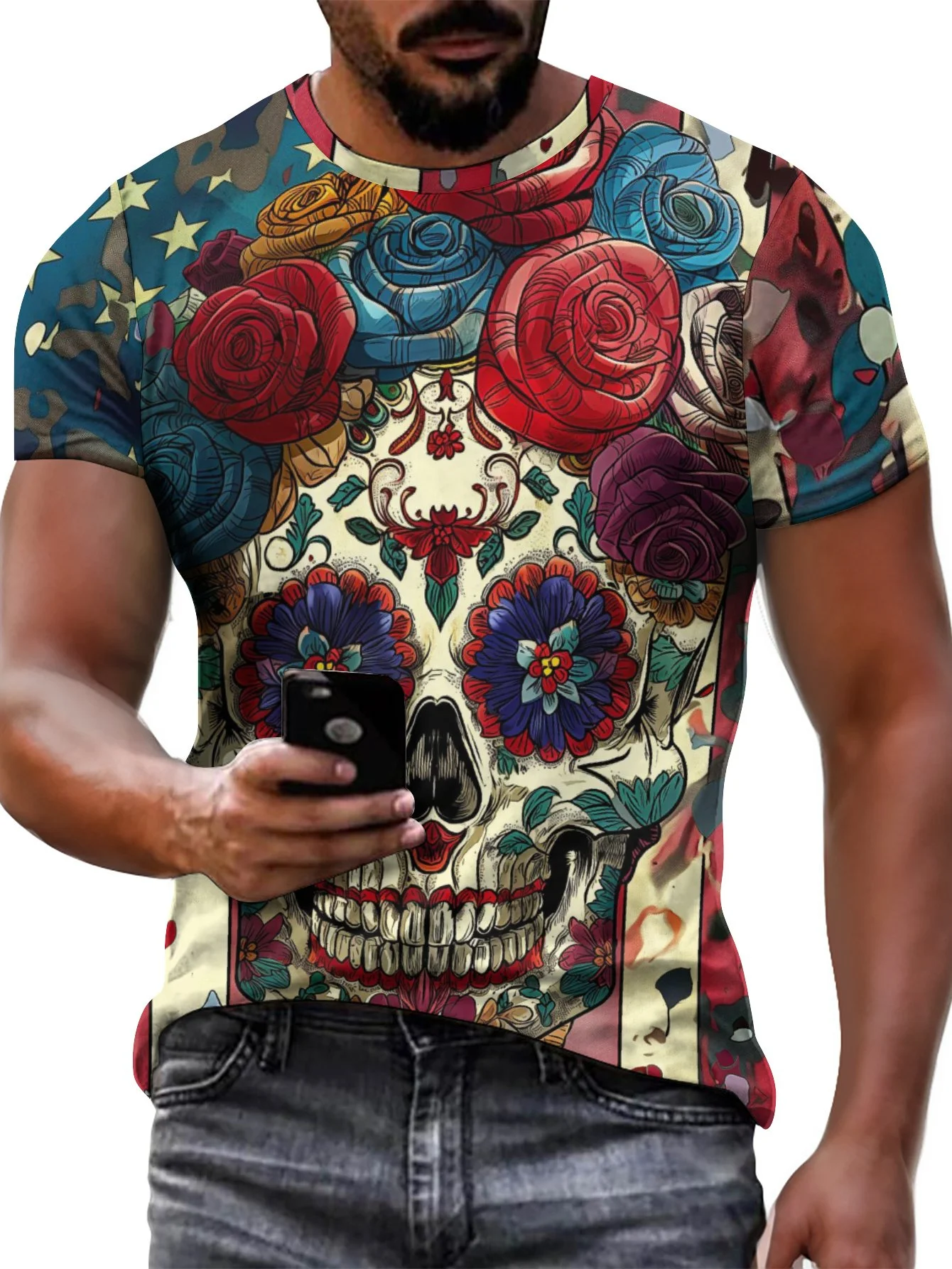 2024 New Men's 3D Graffiti Flower Clown Pattern T-shirt, Casual Cool Micro Elastic Breathable T-shirt, Summer Outdoor Men's Wear