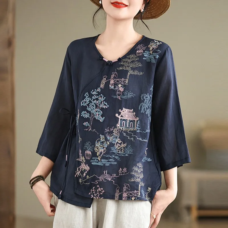 Women Casual Shirt New Arrival 2024 Spring Chinese Style Vintage Floral Embroidery Loose Female Cotton Tops Shirts B3591