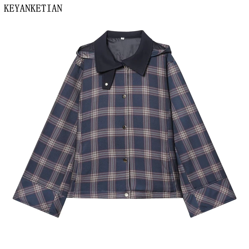 

KEYANKETIAN 2026, весенняя новая женская клетчатая куртка с капюшоном, однобортный свободный короткий пиджак в стиле отдыха, одежда с хлопковой подкладкой