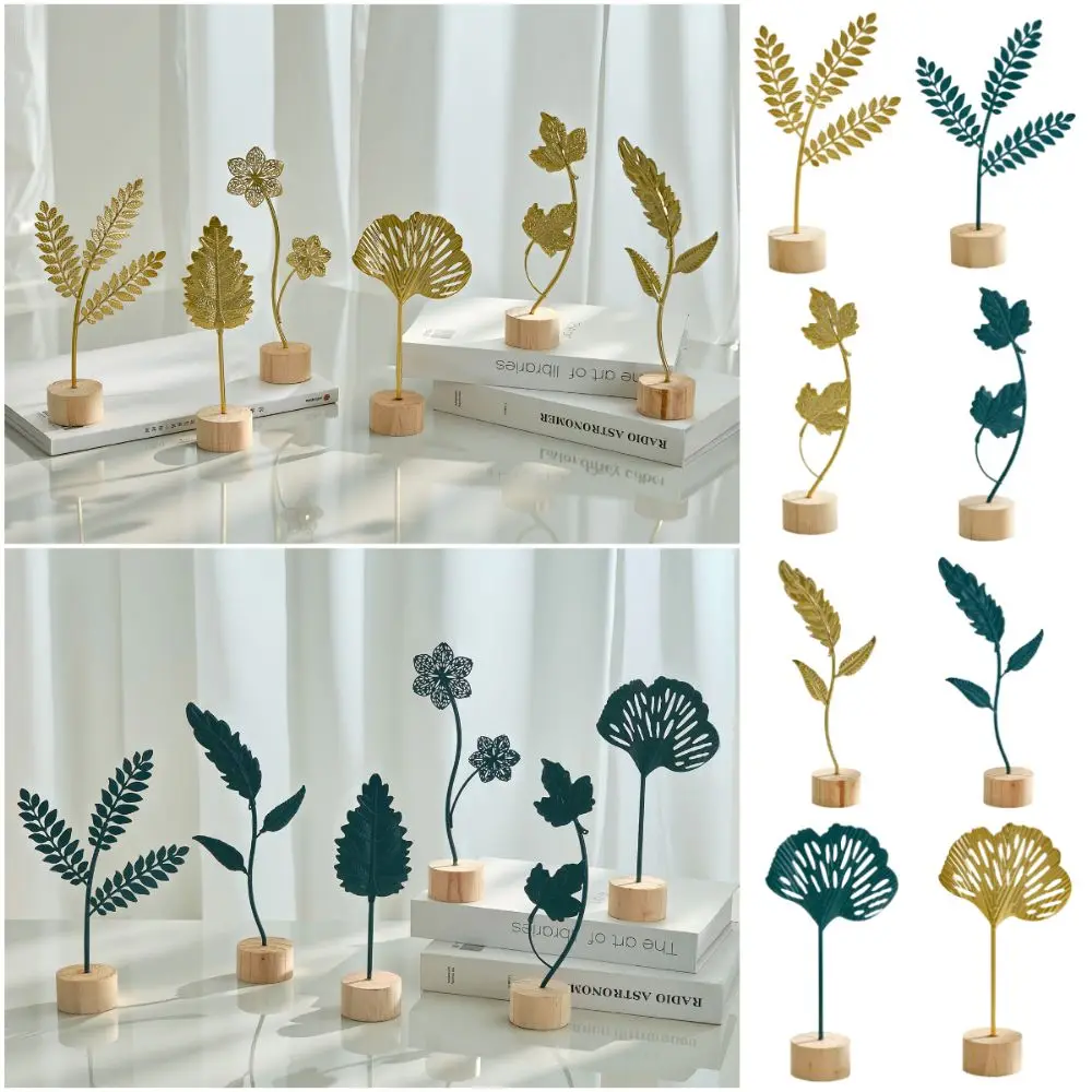 Wood Base Ginkgo Leaf Ornament Gold Green Iron Art Desktop Handicrafts Photo Props Hollow Out Leaves Tabletop Decoration Gift