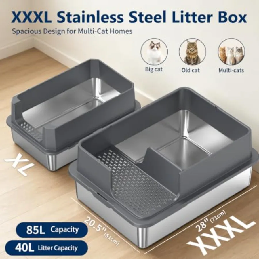 Stainless Steel Cat Litter Box 2-Pack Extra Large Open Tray for Home Use, Deep Gray, Rust-Resistant Easy-Clean