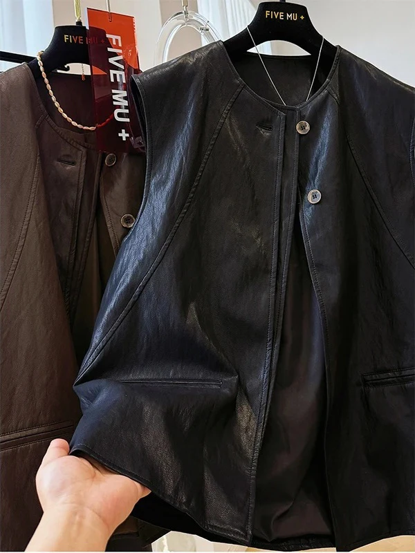 Kamizelka damska z ekoskóry PU w stylu retro, bardzo duża, luźna, z okrągłym dekoltem, z poduszkami na ramiona, płaszcz jesienno-zimowy, modny.