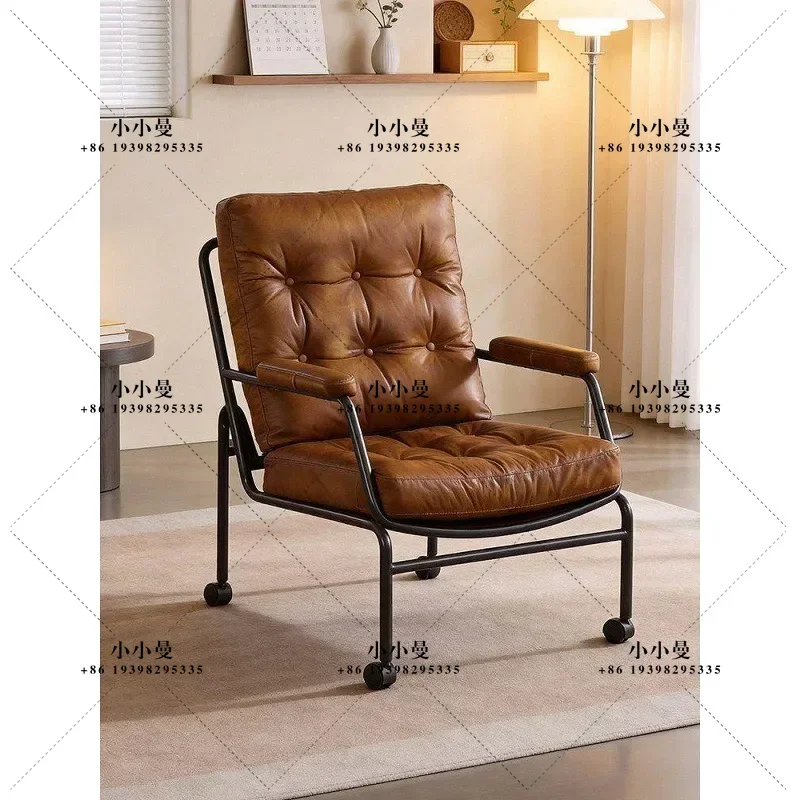 Medieval camel single leather retro nostalgic living room universal wheel mobile back chair