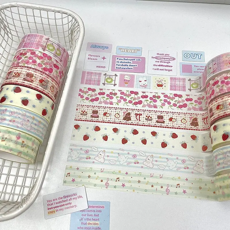 6pcs/Pack Sweet Girl Cheery Strawberry Cake Washi Tape Set Journal Scrapbooking Decorative Sticker Tape Material