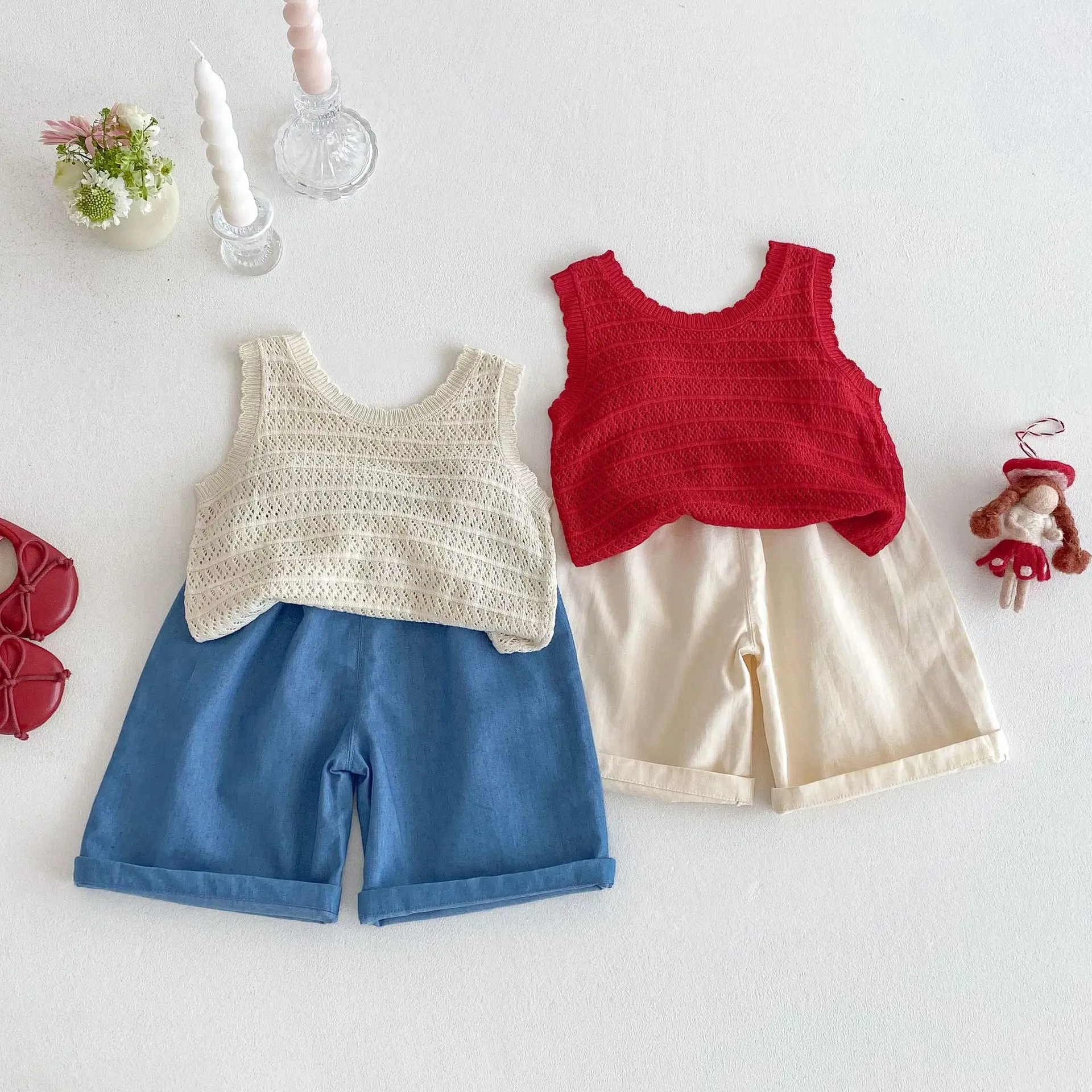 Summer Casual Kids Strawberry Embroidery Set Viscose Knitted Hollow Out Sleeveless Top & Cotton Polyester Straight Leg Shorts