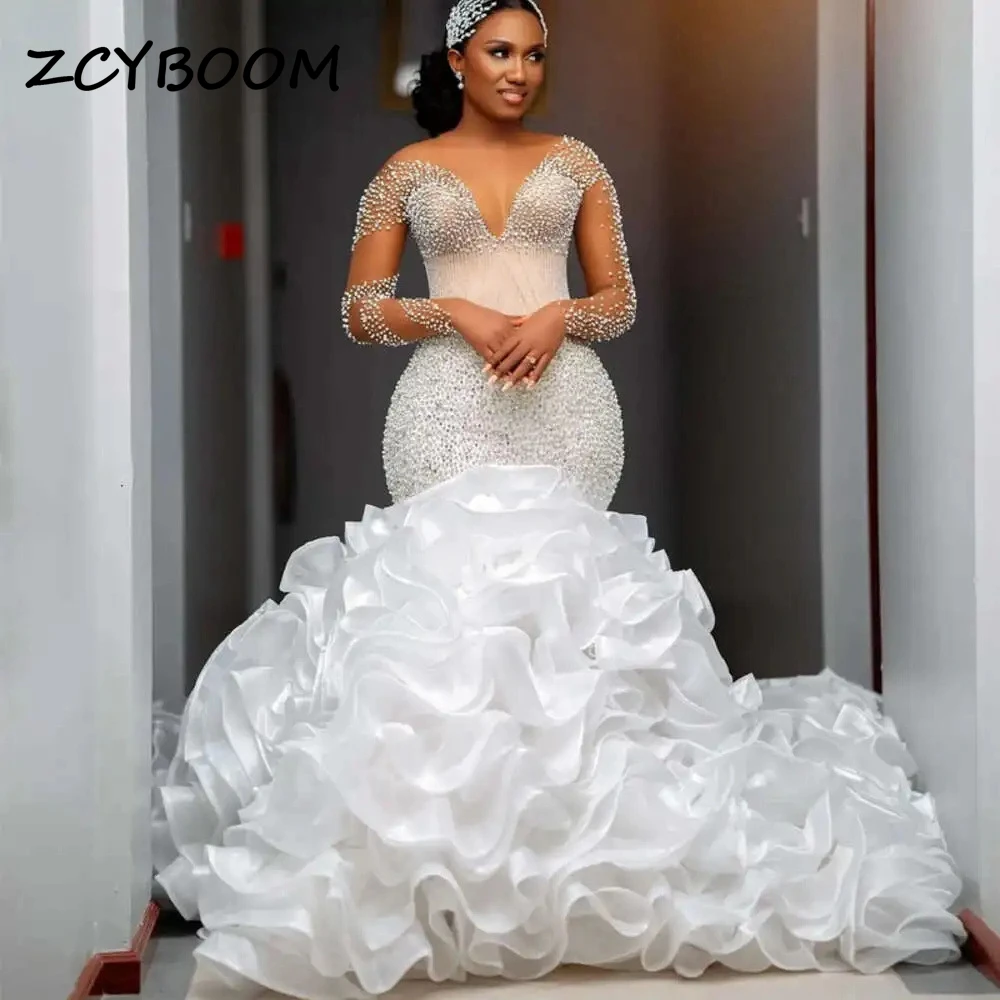 Customized Luxury Sweetheart Mermaid Pearls Wedding Dresses Long Sleeves Tiered Plus Size Bridal Gown 2026 Vestido De Noiva