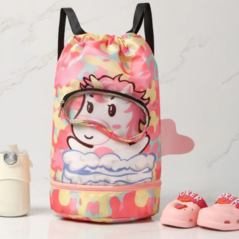 Bolsa de natación portátil con cordón, mochila de natación para niños con doble hombro de dibujos animados y compartimentos para zapatos, resistente al agua