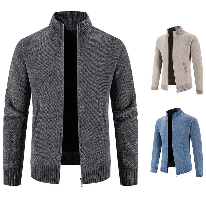 

Мужской кардиган на молнии с бархатным вязаным свитером, приталенная куртка с воротником-стойкой, однотонная куртка-свитер