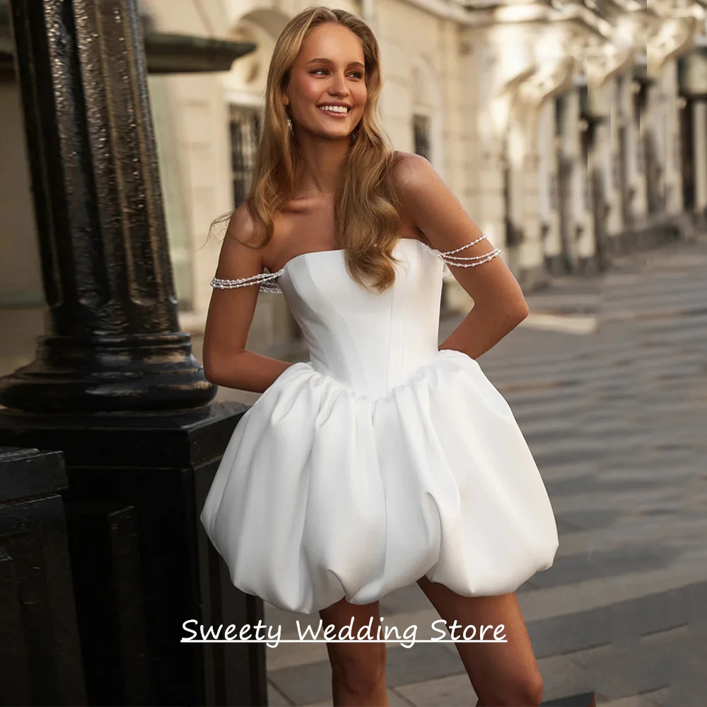 

2026 Wedding Dress Short Customized Pearls Off Shoulder Strapless Little White Gown Mini Bridal Gown for Woman Bride