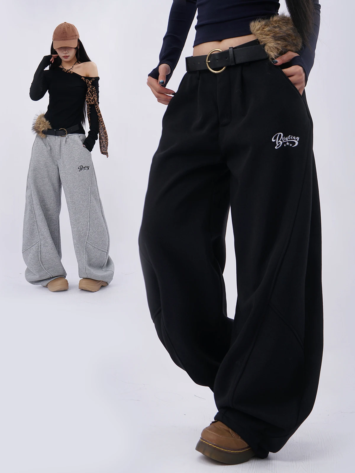 

Зимние новые женские утепленные широкие брюки с высокой талией, свободного кроя, повседневные спортивные штаны из флиса, ретро-стиль, 2026
