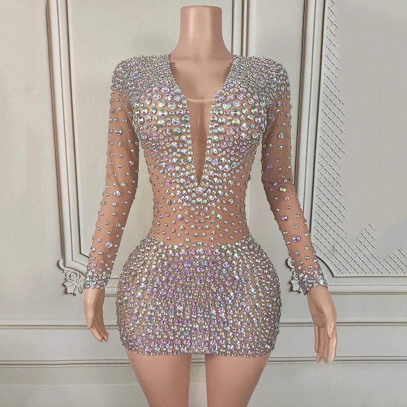 Sparkly Crystal Diamond Celebrate Party Dress Women Jazz Dance Festival Outfit Stage Dresses Bar Nightclub Gogo Costume XS9279
