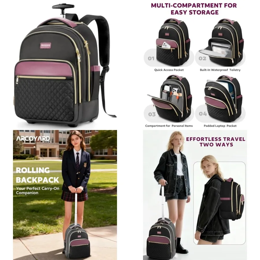 

Small Rolling Backpack for Women with Wheels, Roller Laptop Travel Backpack, Lightweight Water Resistant Wheeled Underseat Carr