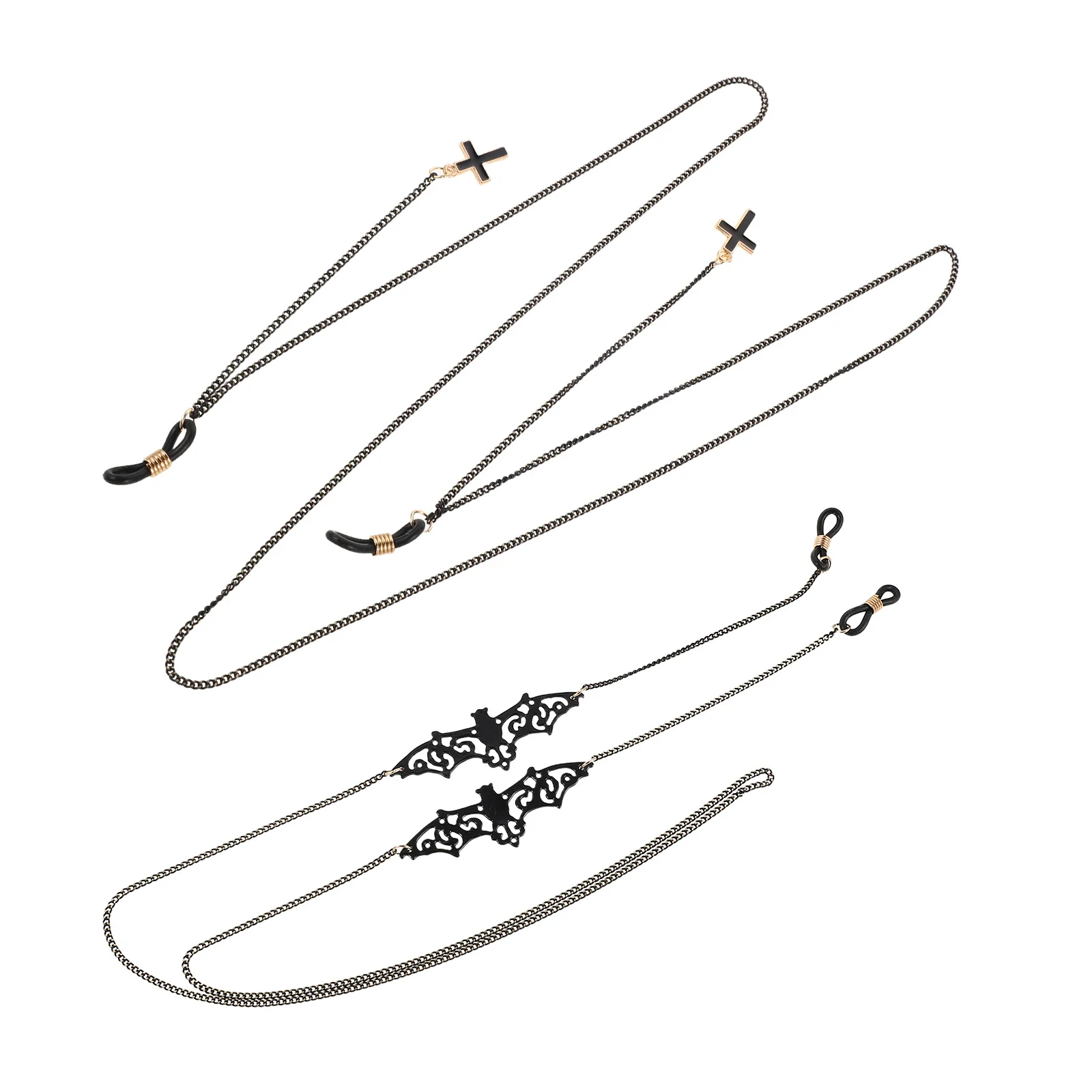 

4Pcs Black Metal Eyeglass Chains Halloween Goth Glasses Neck Holder Bat Cross Design Fashion Eyeglass Necklace Women Glasses