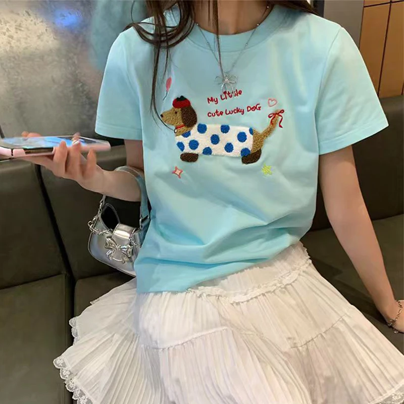 2025 New Japanese Cute Puppy Embroidery Sweet Girls T-shirt Short-sleeved Womens Top New Summer Футболка Смешная T Shirt Kadın