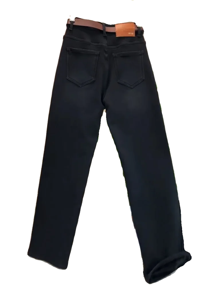 กางเกงยีนส์ทรงตรงขาตรงสำหรับผู้หญิง ฤดูใบไม้ร่วง ฤดูหนาว ไซส์ใหญ่ ผ้าหนา อุ่น ทรงสลิม ขากว้าง เอวสูง ปิดสะโพก