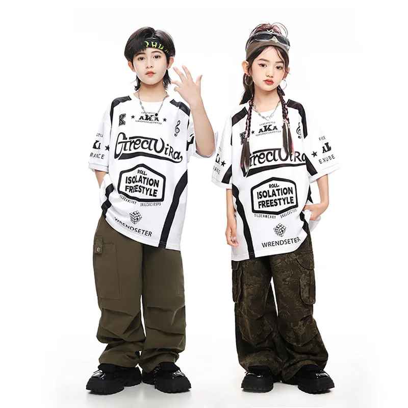 

Kid Hip Hop Clothing White Letters Print T Shirt Camouflage Casual Wide Cargo Pants for Girl Boy Jazz Dance Wear Costume Clothes