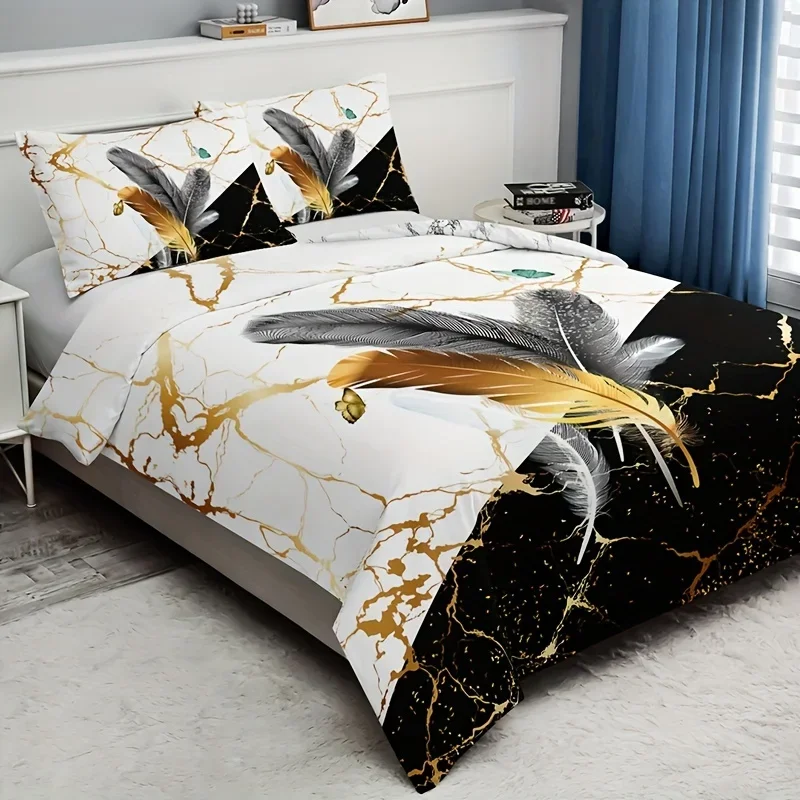 3pcs Fashion Duvet Cover Set Bronzing Marble Feather Print Bedding Set, Soft Comfortable Duvet Cover, for Bedroom, Guest Room