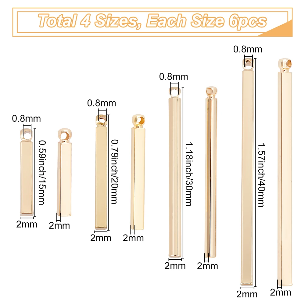 1 Box Gold Bar Charms Blank Stamping Strips 18K Real Gold Plated Brass Rectangle Long Vertical 4-Sided Pendants