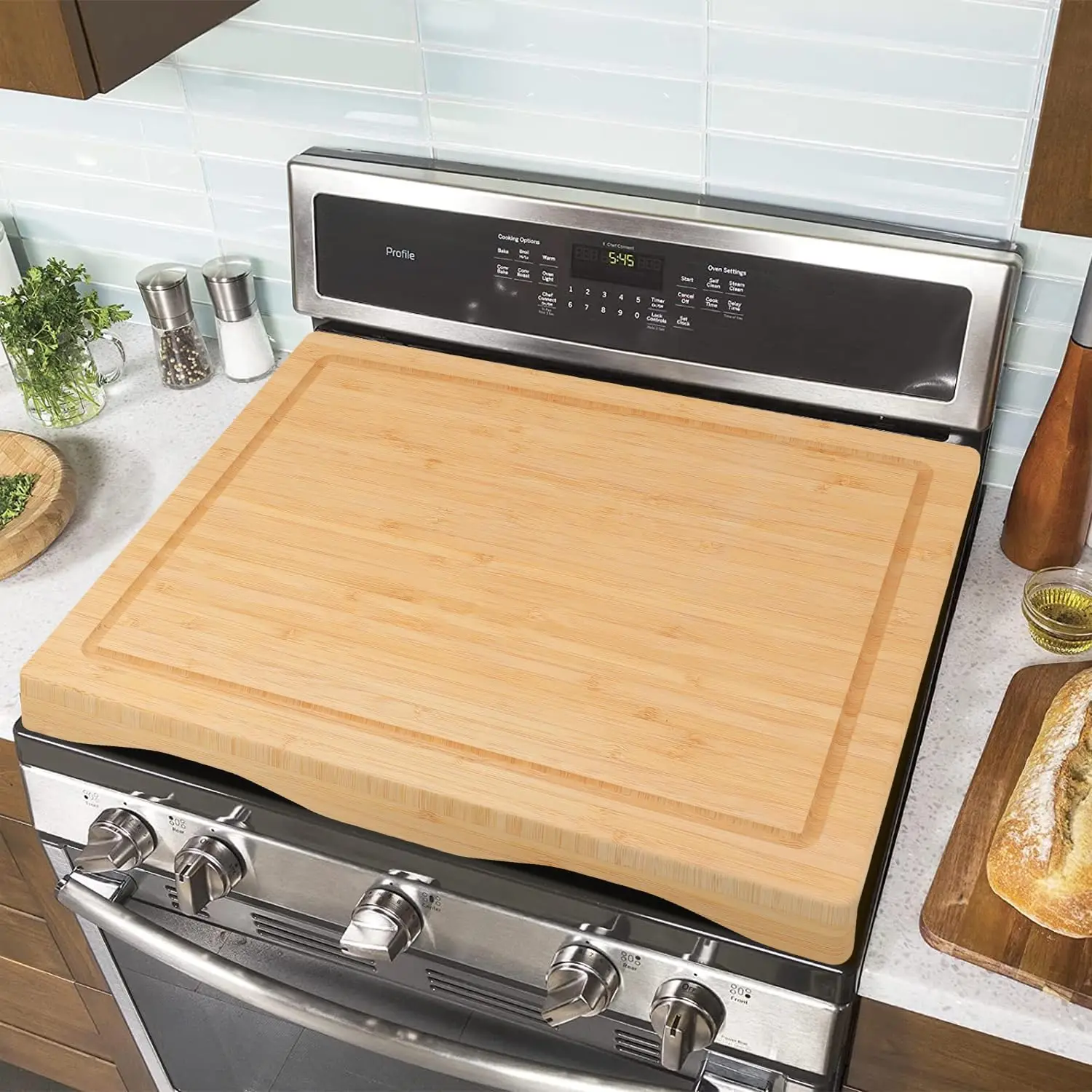 

Bamboo Stove Cover Board for Gas Stovetop, Raised Cutting Board with Leg and Juice Grooves, Adjustable Noodle Board Stove Cover