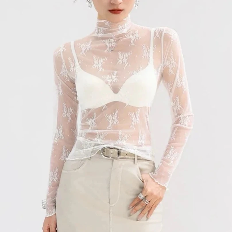 

Сексуальный прозрачный сетчатый топ с длинными рукавами для женщин, с воротником-стойкой, цветочным кружевом, прозрачная футболка-блузка в уличном стиле