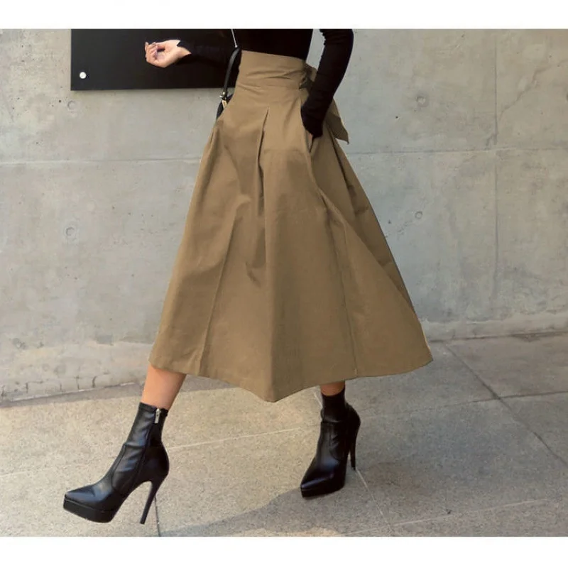 Military Green Skirts Women 2024 Summer Fashion Solid Elegant Women Skirt Long Skirt Autumn Wild High Waist Bow Slim Skirts