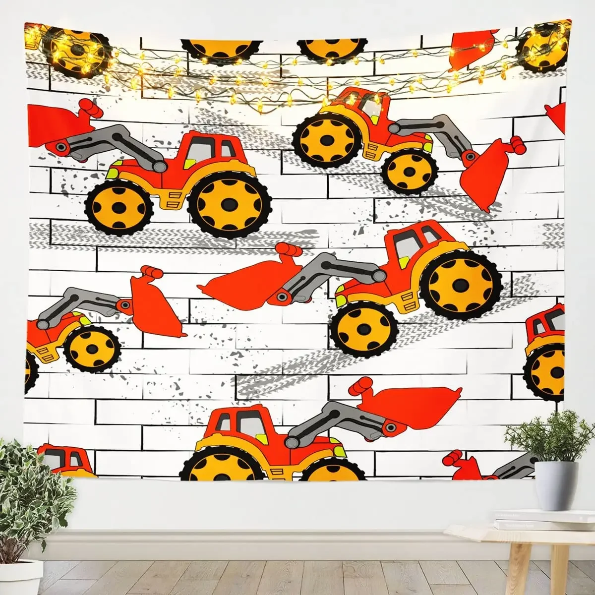 Cartoon Machinery Truck Tapestry Kids Boys Construction Vehicles Wall Blanket for Children Bedroom Machinery Style Wall Decor