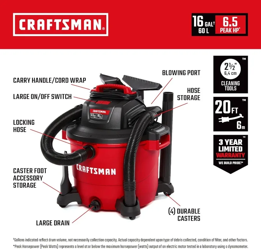 CRAFTSMAN CMXEVBE17595 16 Gallon 6.5 Peak HP Wet/Dry Vac, Heavy-Duty Shop Vacuum with Attachments