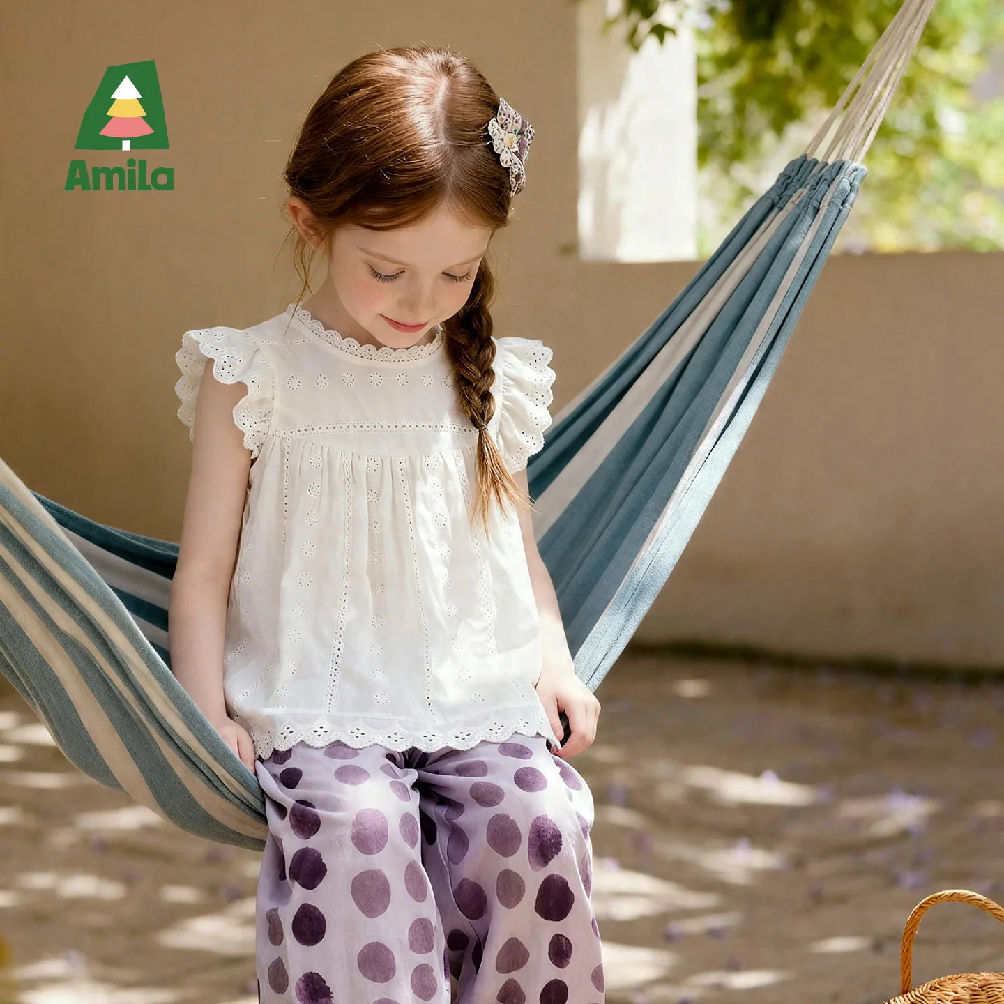 Amila 2026 Summer New Girls' Shirt Exquisite Embroidered Lace-Up Small Flying Sleeves Sweet And Cute Energetic Daily Doll Shirt