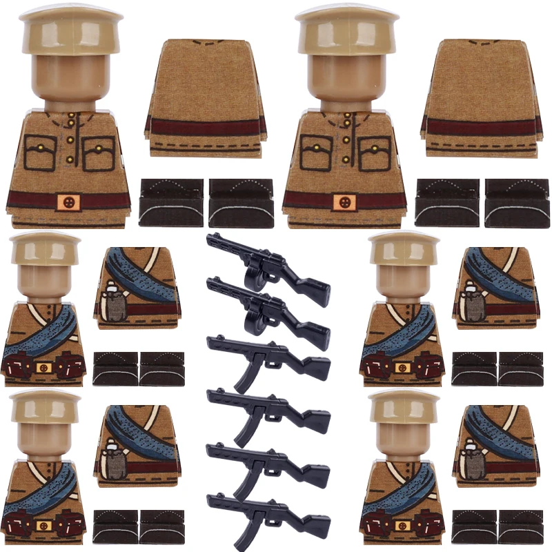 WW1 British Soviet Soldier Figures Printed Parts Building Block Clothing Sticker Bricks Mini MP40 PPSH Weapon Accessories Toys