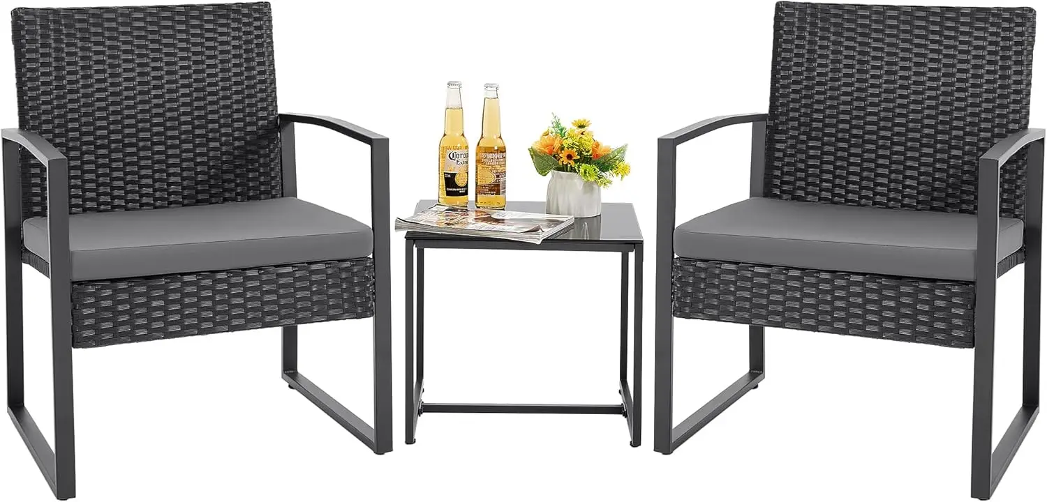 

3PCS Outdoor Conversation Set w/ Coffee Table Patio Wicker Rattan Chairs Set Bistro Sets for Garden, Yard, Lawn, Balcony (Gray)