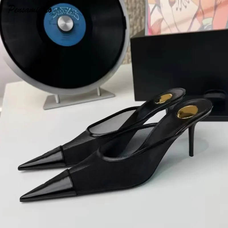 

Fashion Mesh Patchwork Chic Slingbacks Slip-on Women Pumps Elegant Pointed toe Stiltto High heels Female Mules Slippers Shoes