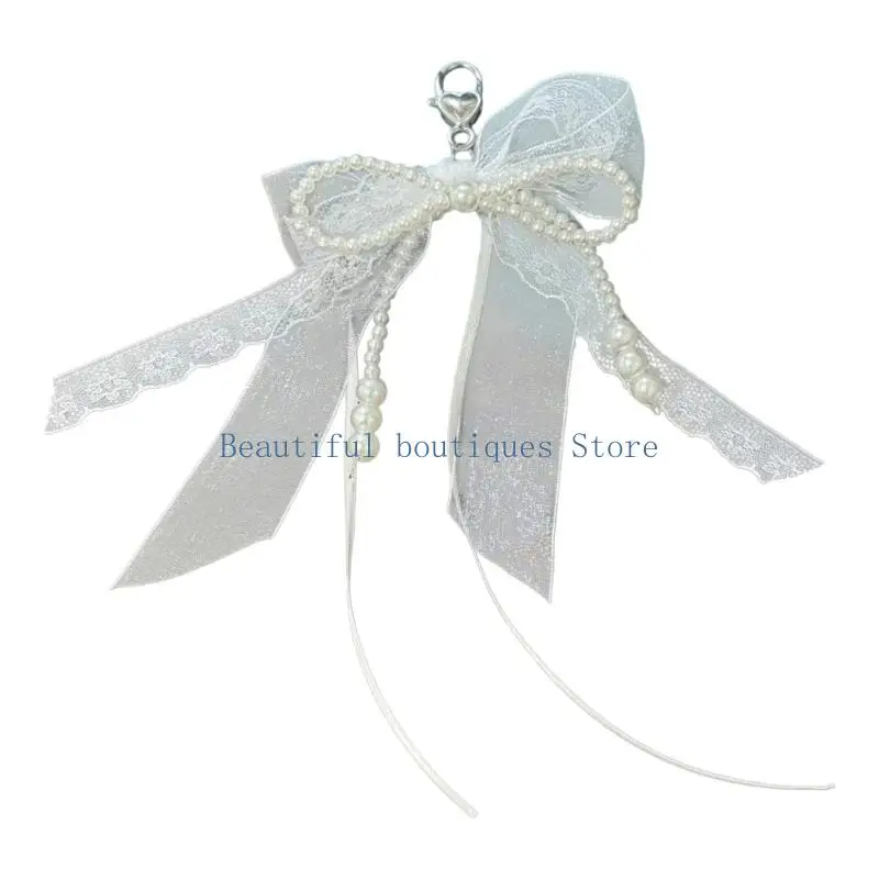 U4LF Delicate Ribbon Bowknot Keychain Featuring Pearls Detail Strong Zinc Alloy Construction Bag Charm For Longevity