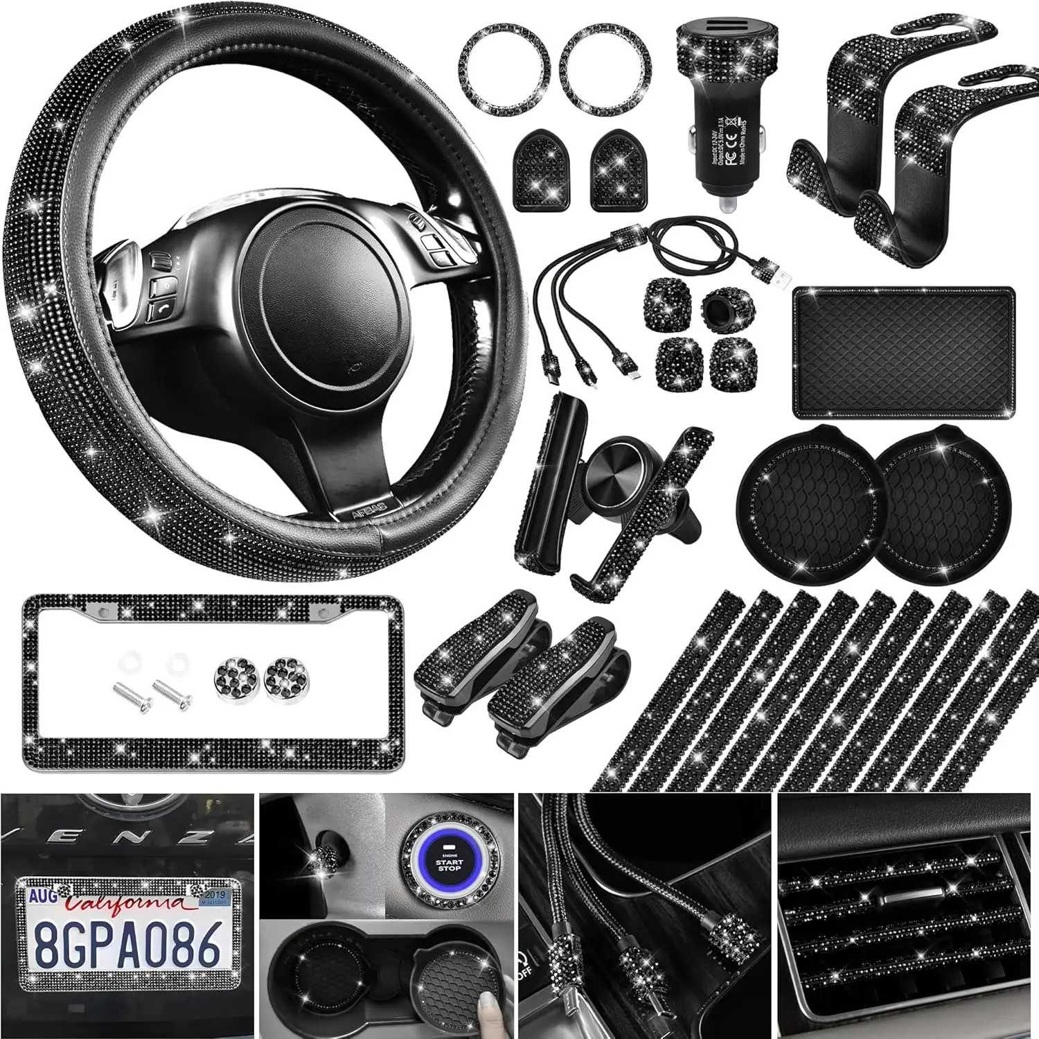 

30 PCS Bling Diamond Car Accessories Set for Women, Steering Wheel Covers, Rhinestone Frame, Phone Holder, Black Decorations