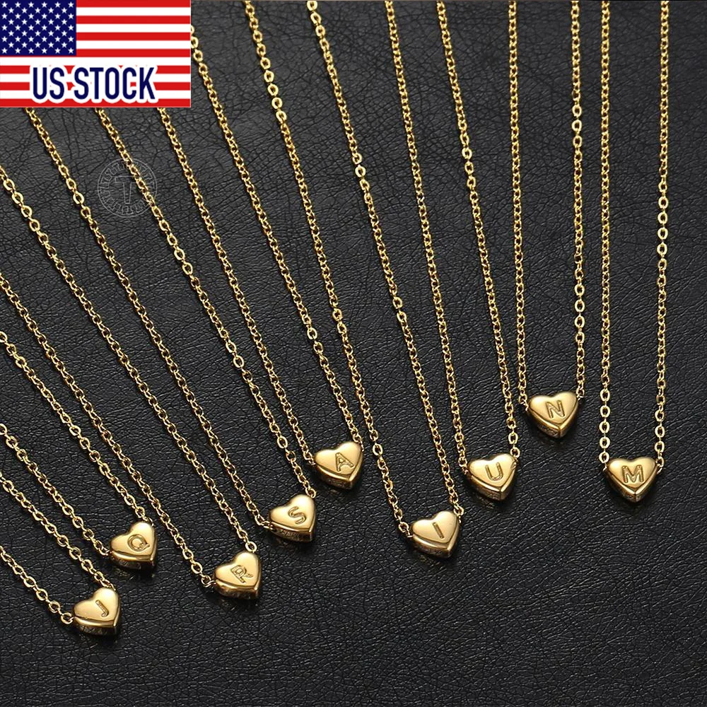 Gold Color Tiny Heart Initial Letter Pendant Necklace for Women Children Stainless Steel Alphabet Jewelry Gift 14-17 inch DKN657