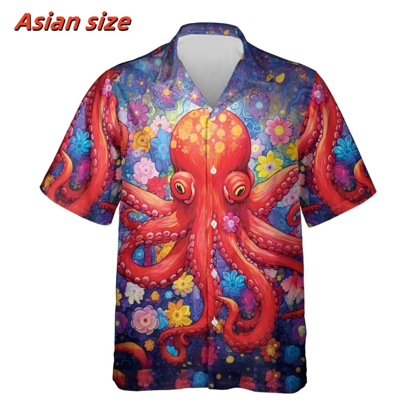 Colorful Tentacles Pattern Hawaiian Shirt For Men Marine Life 3D Print Blouse Summer Loose Short Sleeve Lapel Tops Aloha Shirts