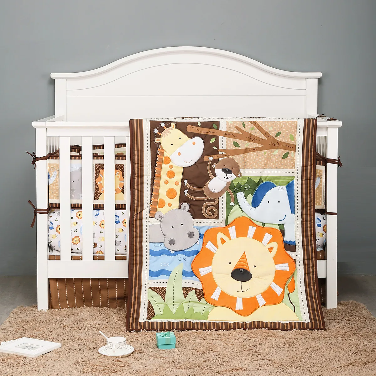 

7Piece Neutral Jungle Safari Animals Baby Boy Girl Nursery Baby Crib Bedding Set (4Bumpers+Crib Comforter+Sheet+Crib Skirt)