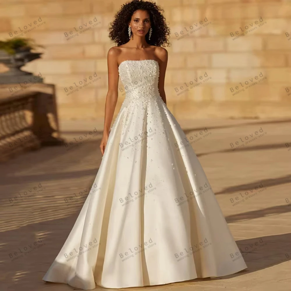 Charming Wedding Dresses Satin Bridal Gowns Pearl Decoration Robes Sexy Strapless Backless Gorgeous Vestidos De Novia Customized