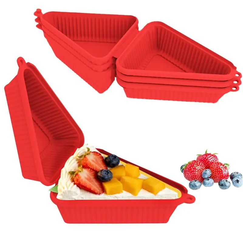 A02M-Reusable Triangular Silicone Cake Box(3 Pieces), Mille Crepe Box, Sandwich Storage& Baking Packaging Pastry Red