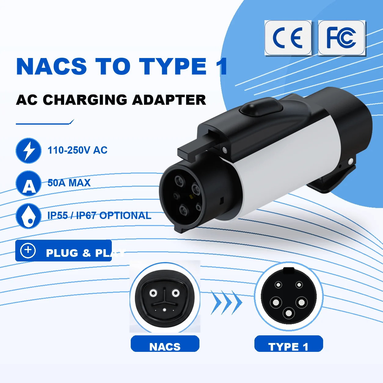 AC-TZM2 NACS-Type 1 NEW AC Charging Adapter 50A 80A EV Charging Connector Factory Direct Sales Car Charger Adapter