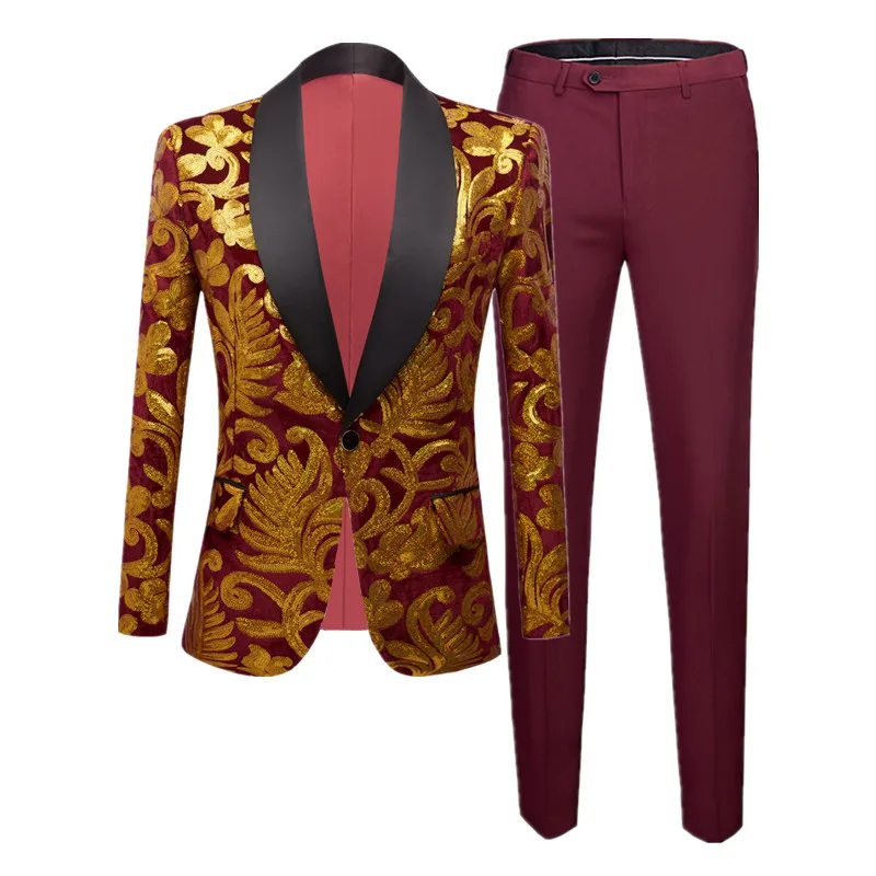 Fashion Brand Male Sequin Suit 2 Piece Red / Blue / Black Men Luxury Wedding Prom Party Blazer Jacket and Pants