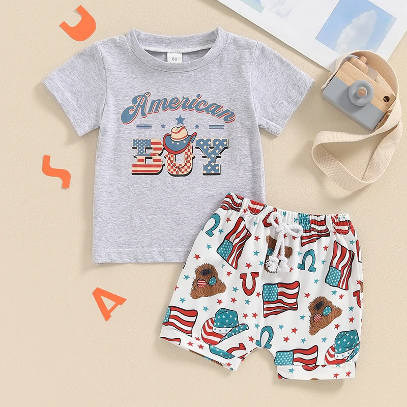 2024-03-18 Lioraitiin 0-3Y Toddler Baby Boy 4th of July Outfits Short Sleeve Tops + Cow Print Shorts Set Western Clothes