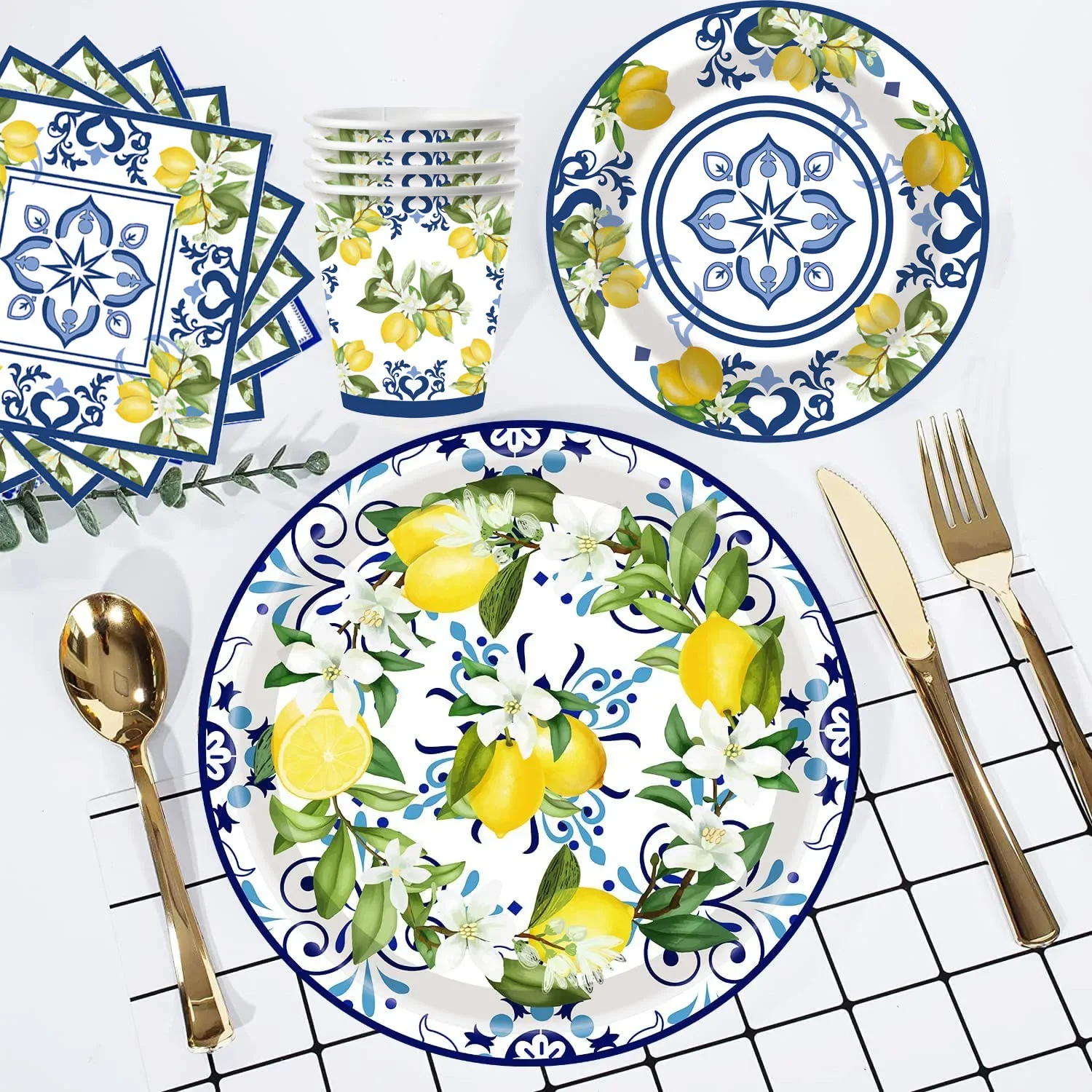 Juego de vajilla floral de limón, 12 bandejas de melamina de 7/9 pulgadas, 12 tazas, 24 servilletas, 12 pajitas de cubiertos para suministros de fiesta de picnic