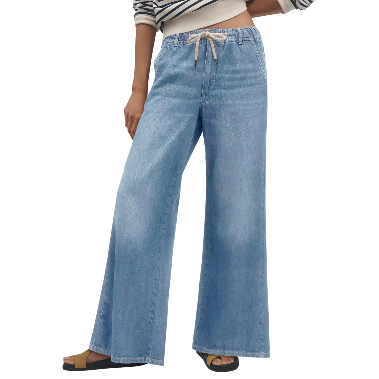 بنطلون جينز نسائي واسع الساق أزرق فاتح برباط مغسول عالي الخصر ثنى فضفاض مريح نزهات يومية عصرية
