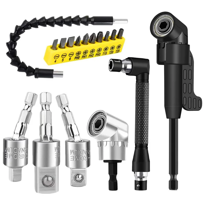 6-17Pcs 360 Rotatable Hex Shank Impact Driver Socket Adapter Set 105° Right Angle Drill Attachment 10 Short Screwdriver Bits