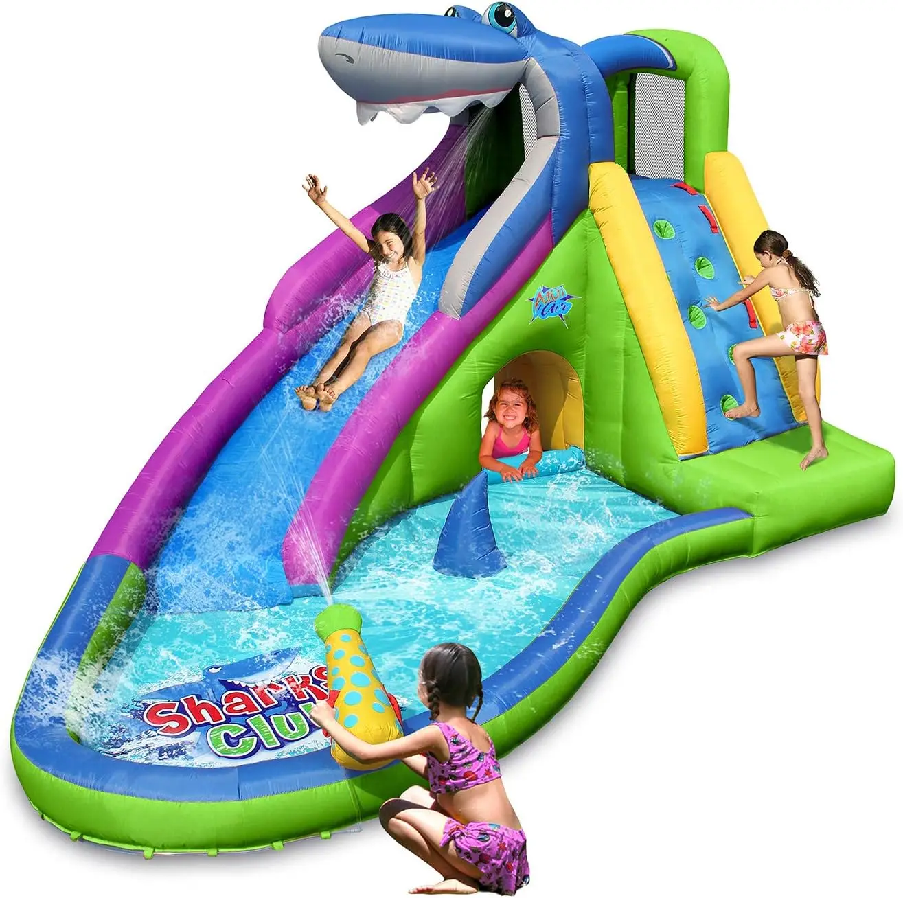 Inflatable Water Slide, Shark Bounce House with Slide for Wet and Dry, Playground Sets for Kids Backyard, Water Spray