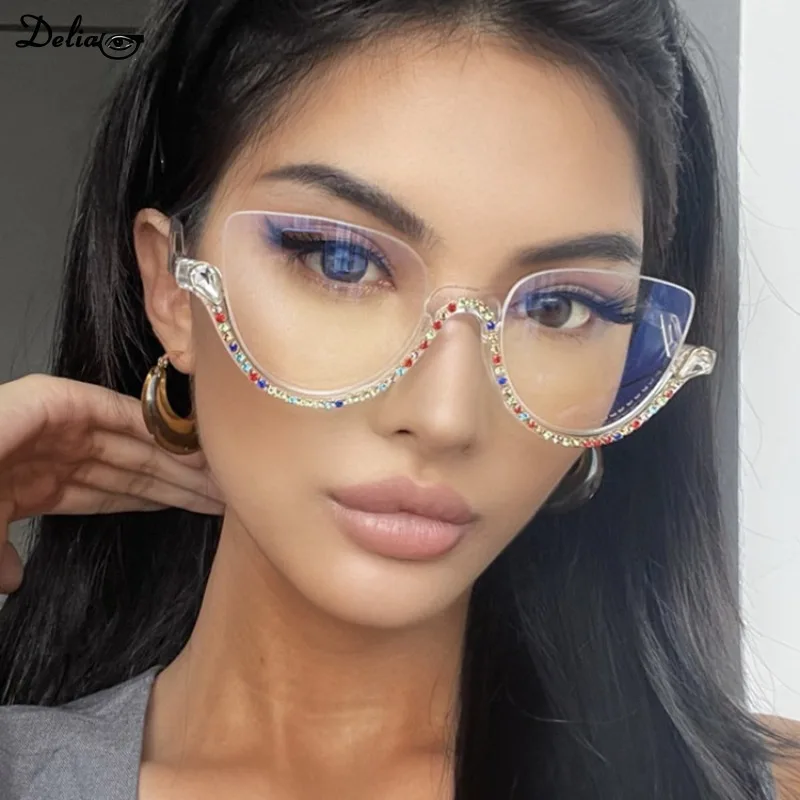 Luxury Diamond Anti-Blue Light Optical Glasses Half Frame Eyewear 2024Design Transparent Computer Eyeglasses with Clear Lenses