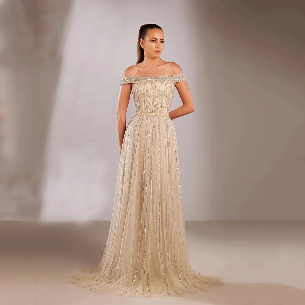 

DRESS FORU Sparkle Beige Evening Dress Tulle for Floor-Length One Word Collar Prom Party Beading Abiti Da Sposa Customized