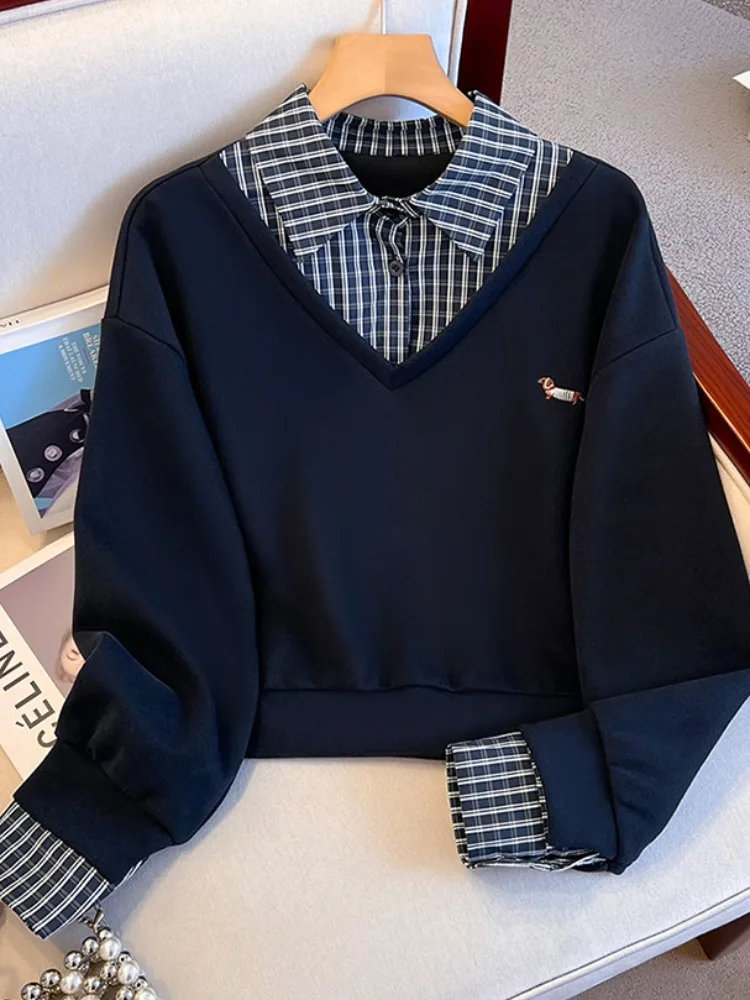 Thiened Fce Ne Sweatirt ort Sle 여성용 가을 겨울 따뜻한 탑 스티치 패치워크 롱 슬리브 티셔츠 버튼...