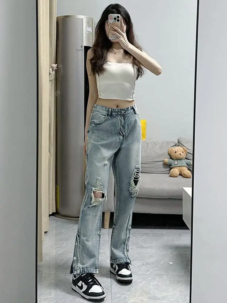 

High Waist Straight Leg Blue Waed High Street Jeans Women's Tear Hole Long Pants Casual Versatile Cotton Stretch Denim